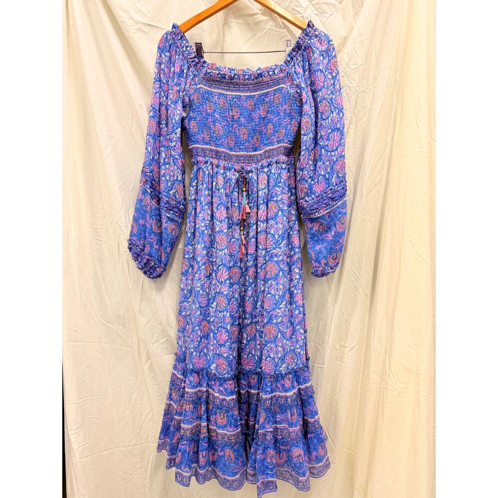 Alicia Bell Smocked Floral Bohemian Print Tassel Midi Dress Medium